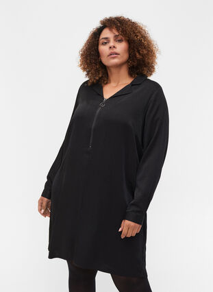 Langærmet kjole med krave og lynlås, Black, Model image number 0
