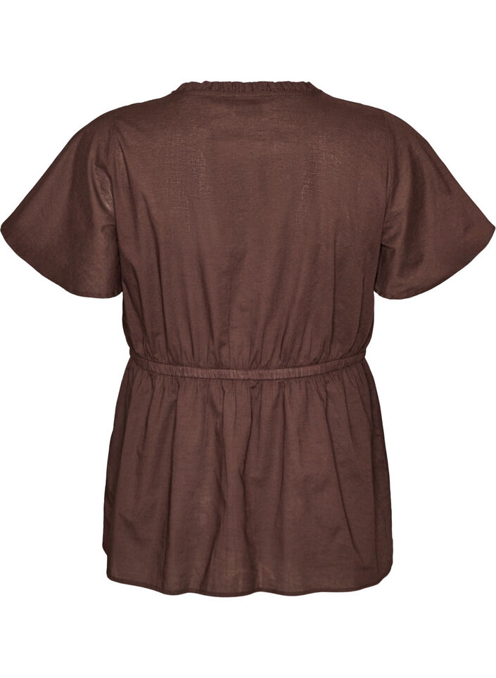 Bluse i bomuld med bindeb&aring;nd og elastisk talje, Brun, Packshot image number 1