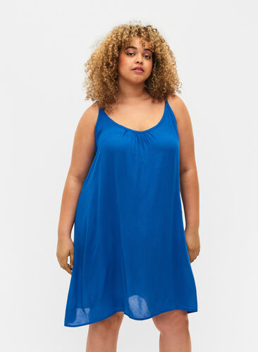 Ensfarvet strop kjole i viskose, Victoria blue, Model image number 0