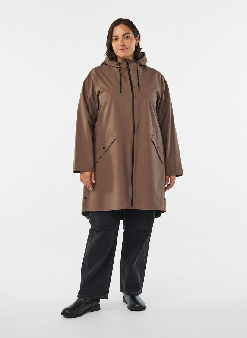 Regnjakke med lommer og h&aelig;tte, Brun, Model image number 1
