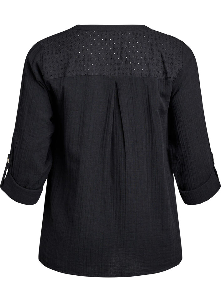 Bluse i bomuldsmusselin med broderi anglaise, Sort, Packshot image number 1
