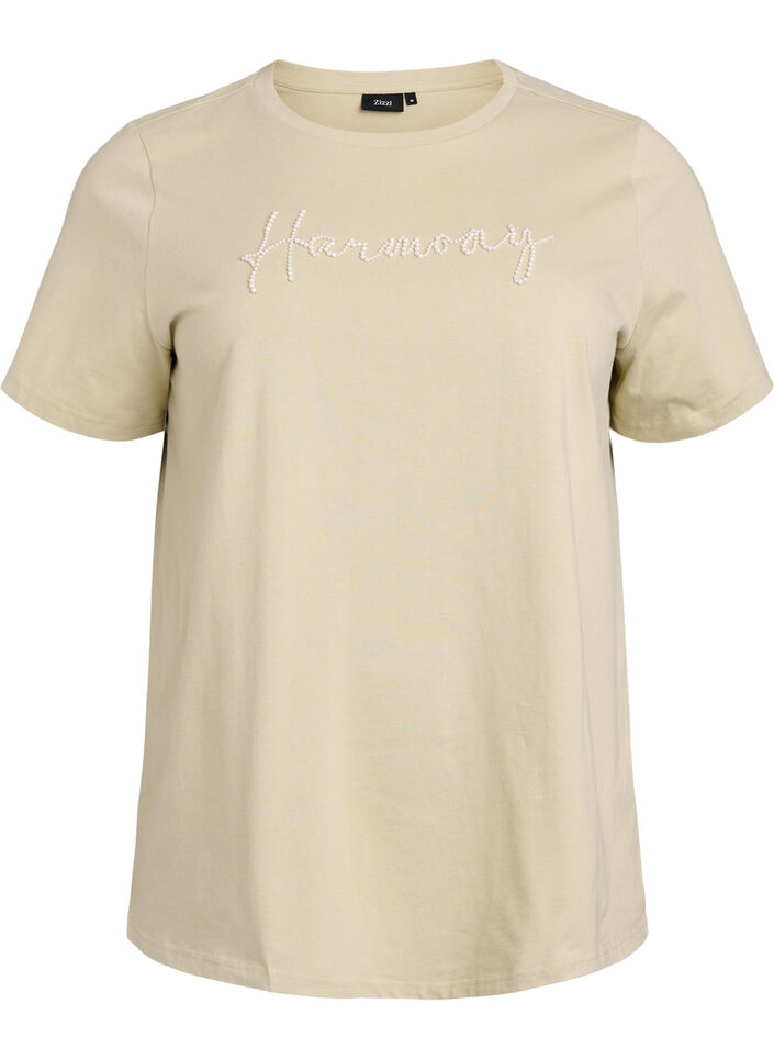 T-shirt i økologisk bomuld med perletekst, Beige, Packshot