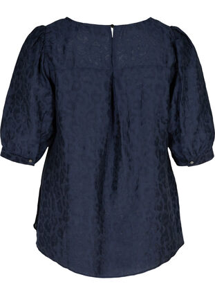 Bluse med 2/4 pufærmer og tone-i-tone mønster, Navy Blazer, Packshot image number 1
