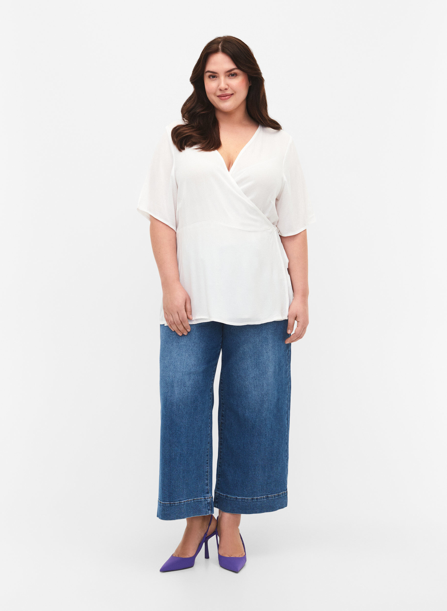 Zizzi Viskosebluse med wrap, Bright White, Model image number 2