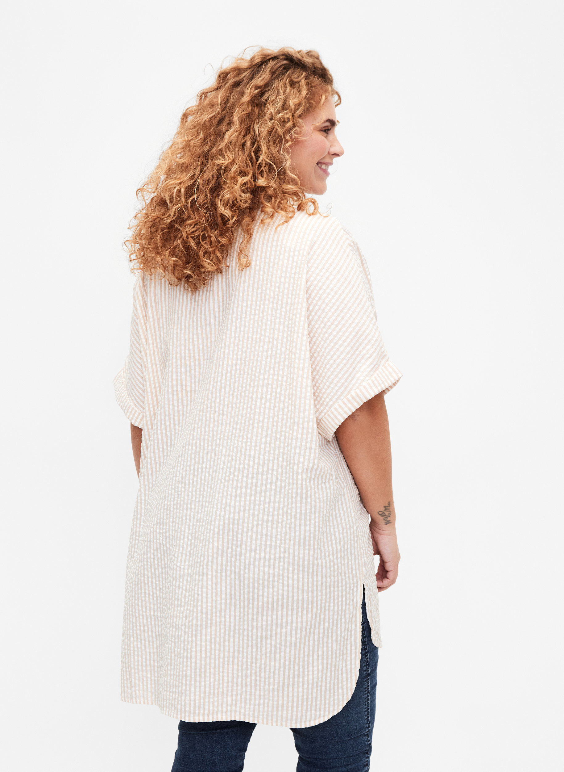 Zizzi Stribet skjorte med brystlommer, Natrual/S. Stripe, Model image number 1