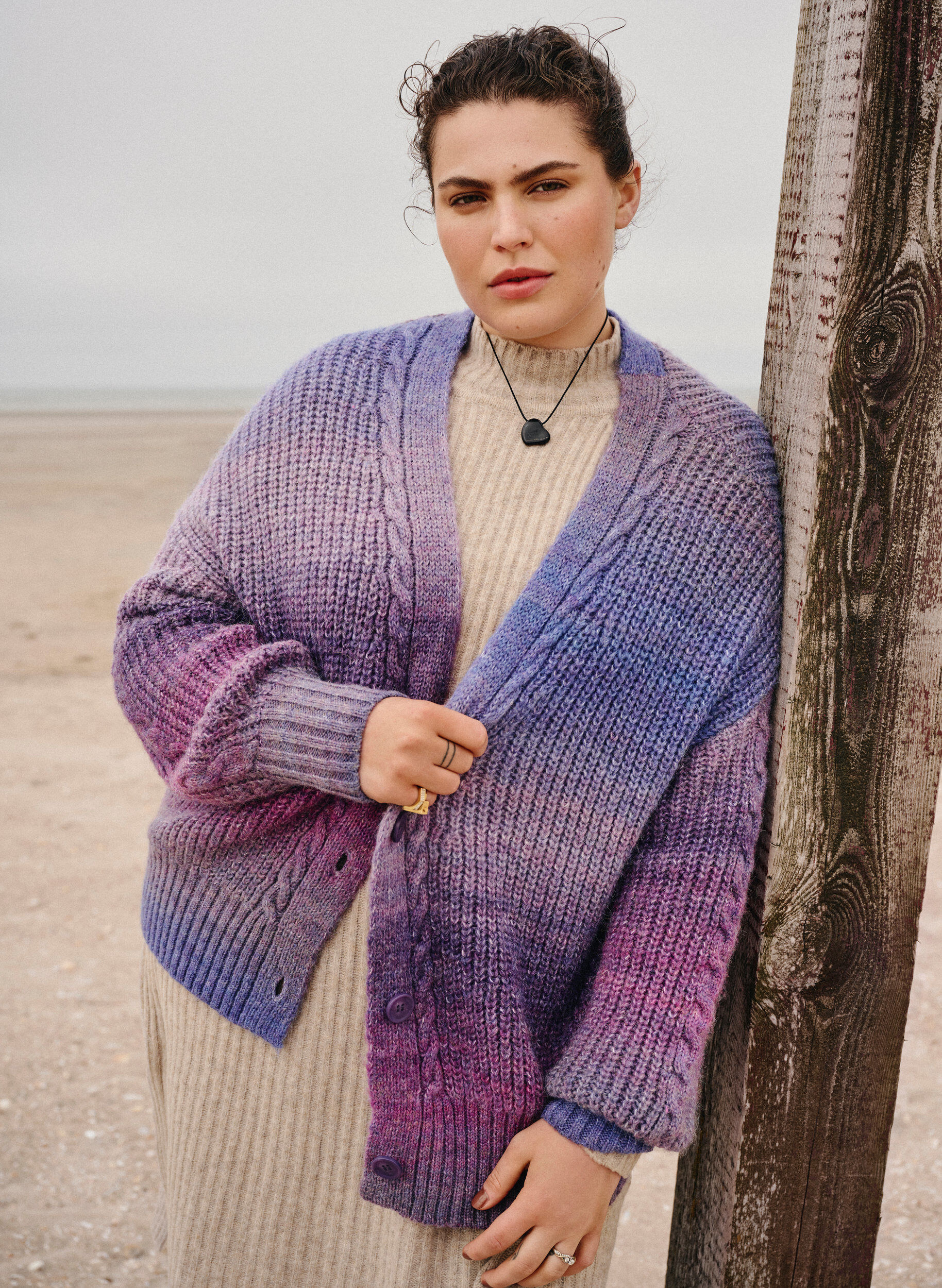 Zizzi Meleret strik cardigan med knapper, Pansy Mel. Comb, Image image number 0