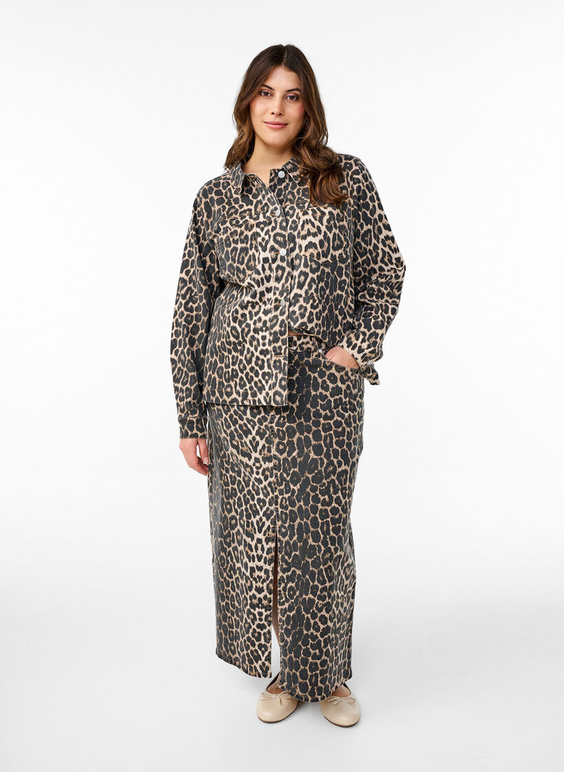 Maxinederdel med leopardprint og frontslids, Leo AOP, Model image number 0