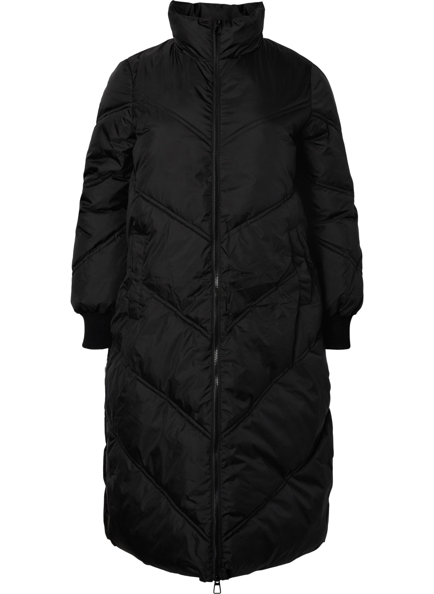 Zizzi Lang puffer vinterjakke, Black, Packshot image number 0