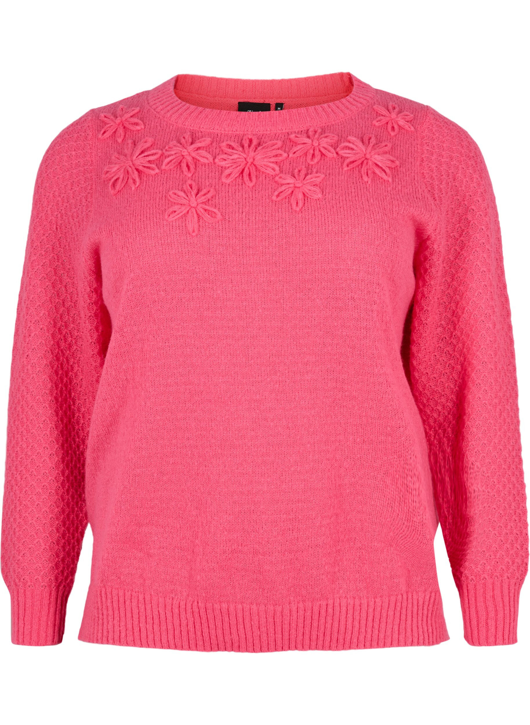 Zizzi Strikbluse med blomsterdetalje, Hot Pink, Packshot image number 0