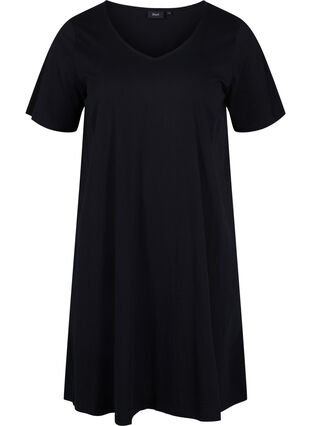 Kortærmet bomuldskjole med a-shape, Black, Packshot image number 0