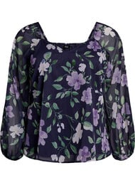 Chiffonbluse med blomster og lange &aelig;rmer , Bl&aring;