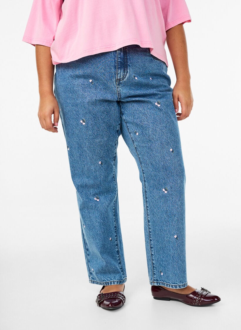 Højtaljede Gemma jeans med broderede detaljer, Blå, Model image number 2