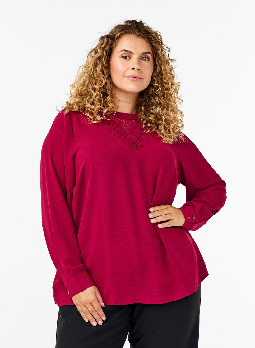 Bluse med blondedetalje, Red Plum, Model image number 0