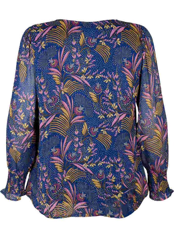 Blomstret bluse med lange ærmer og v-hals, Blue w. Pink Leaf, Packshot image number 1