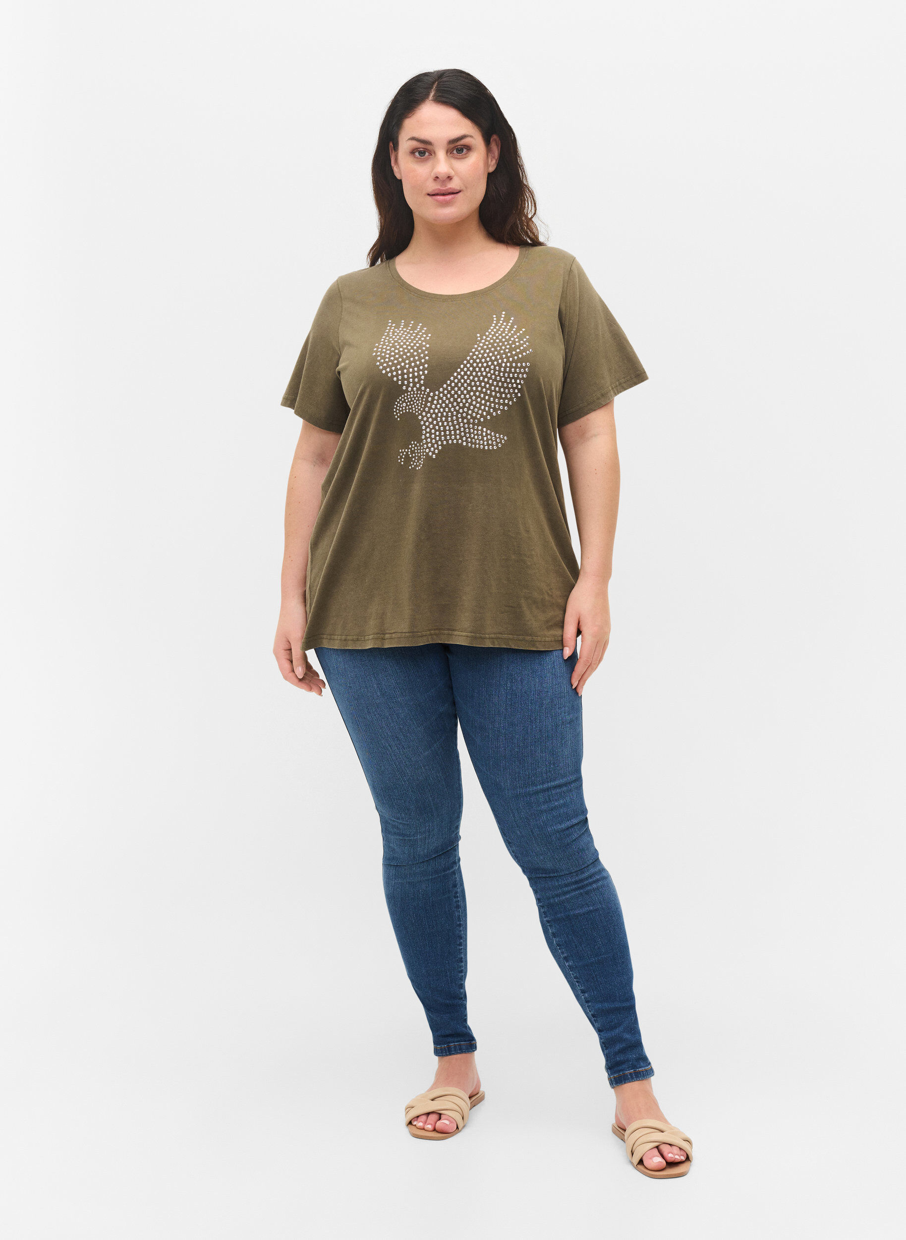 Zizzi Bomulds t-shirt med acid wash og sten , Ivy Green Wash, Model image number 2