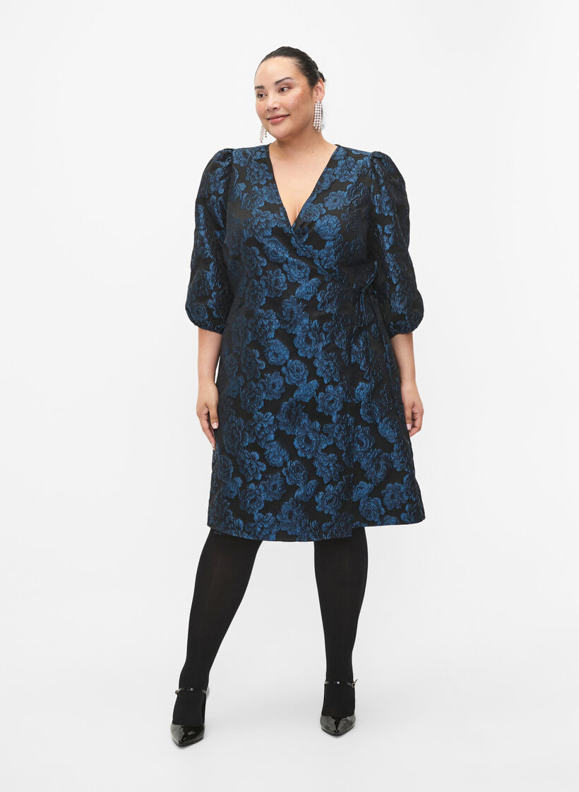 Wrapkjole i jacquard med 3/4 ærmer, Black Blue, Model image number 3