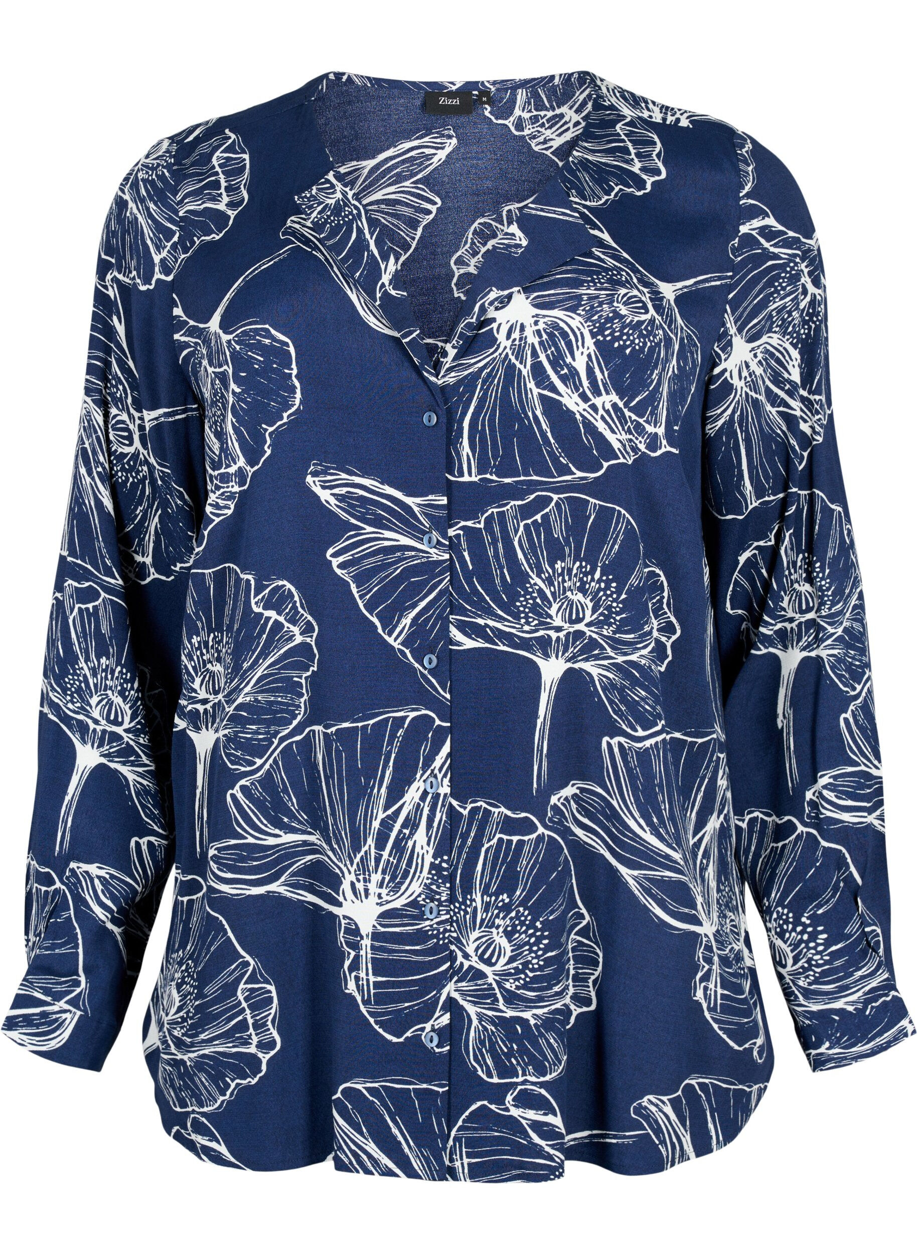 Zizzi Viskose skjorte med blomsterprint og lange &aelig;rmer, Navy B./Big Fl.AOP, Packshot image number 0