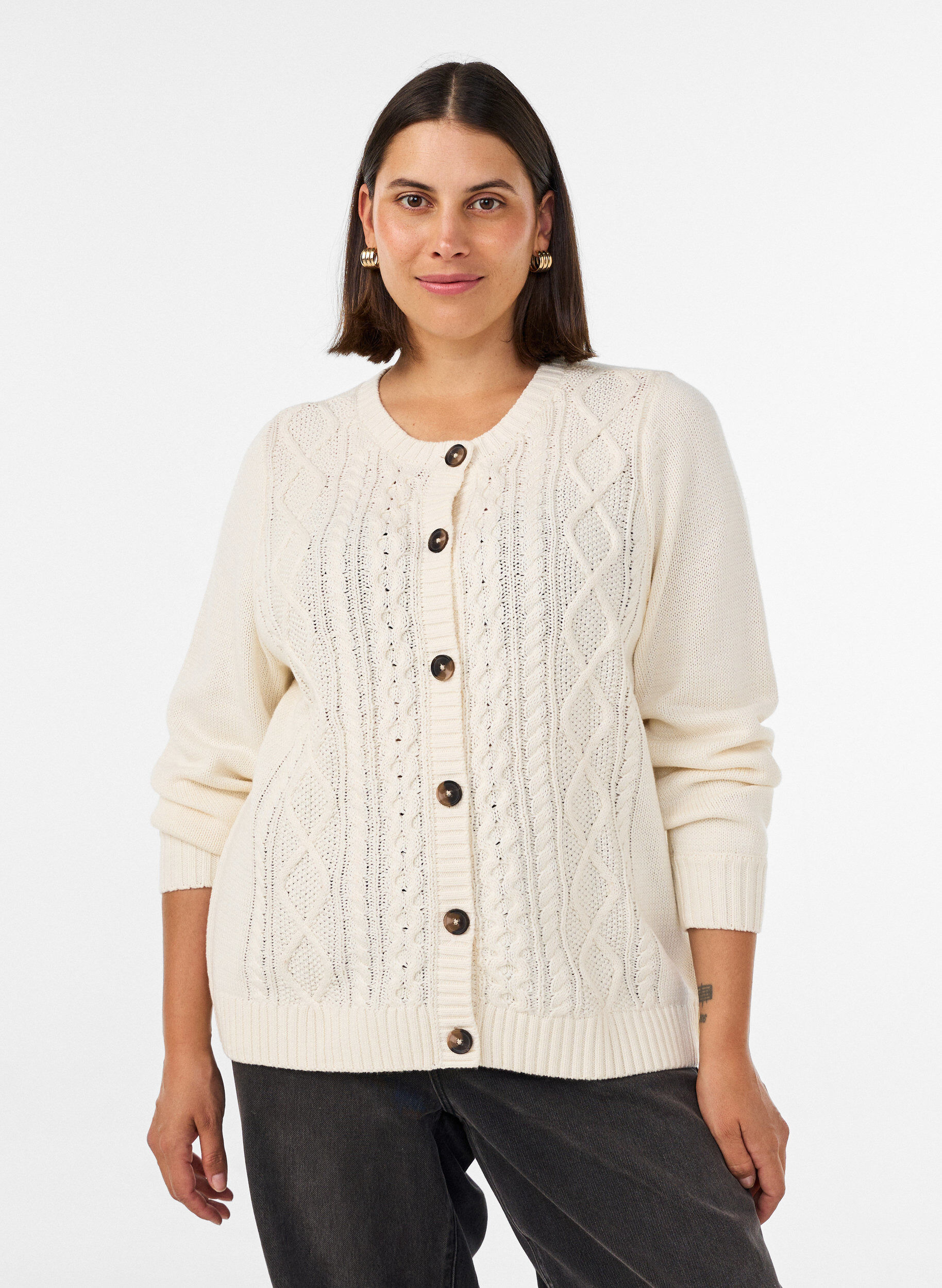 Cardigan med kabelstrikket m&oslash;nster, Vanilla, Model
