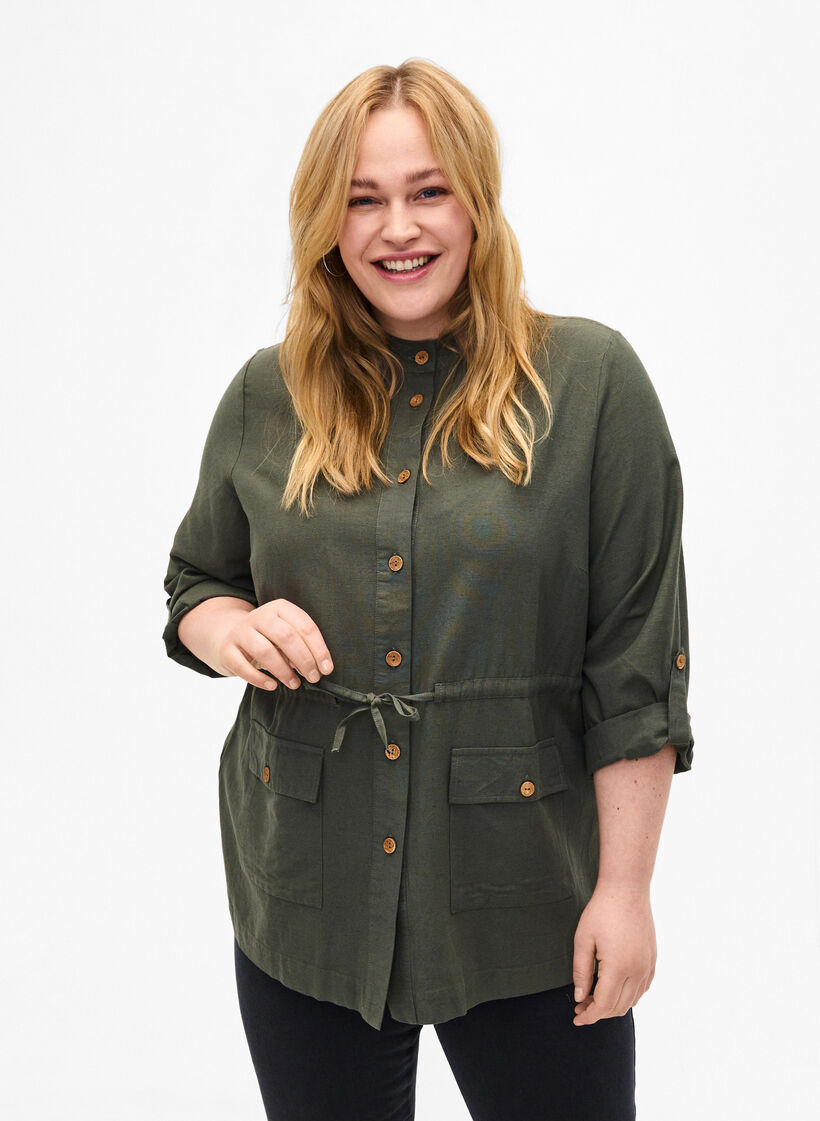 Skjorte i hørblend med lommer, Thyme, Model image number 0