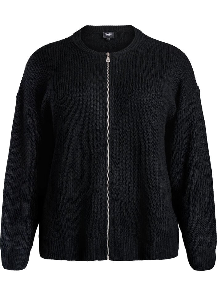 Strik cardigan med lynl&aring;s, Sort, Packshot image number 0