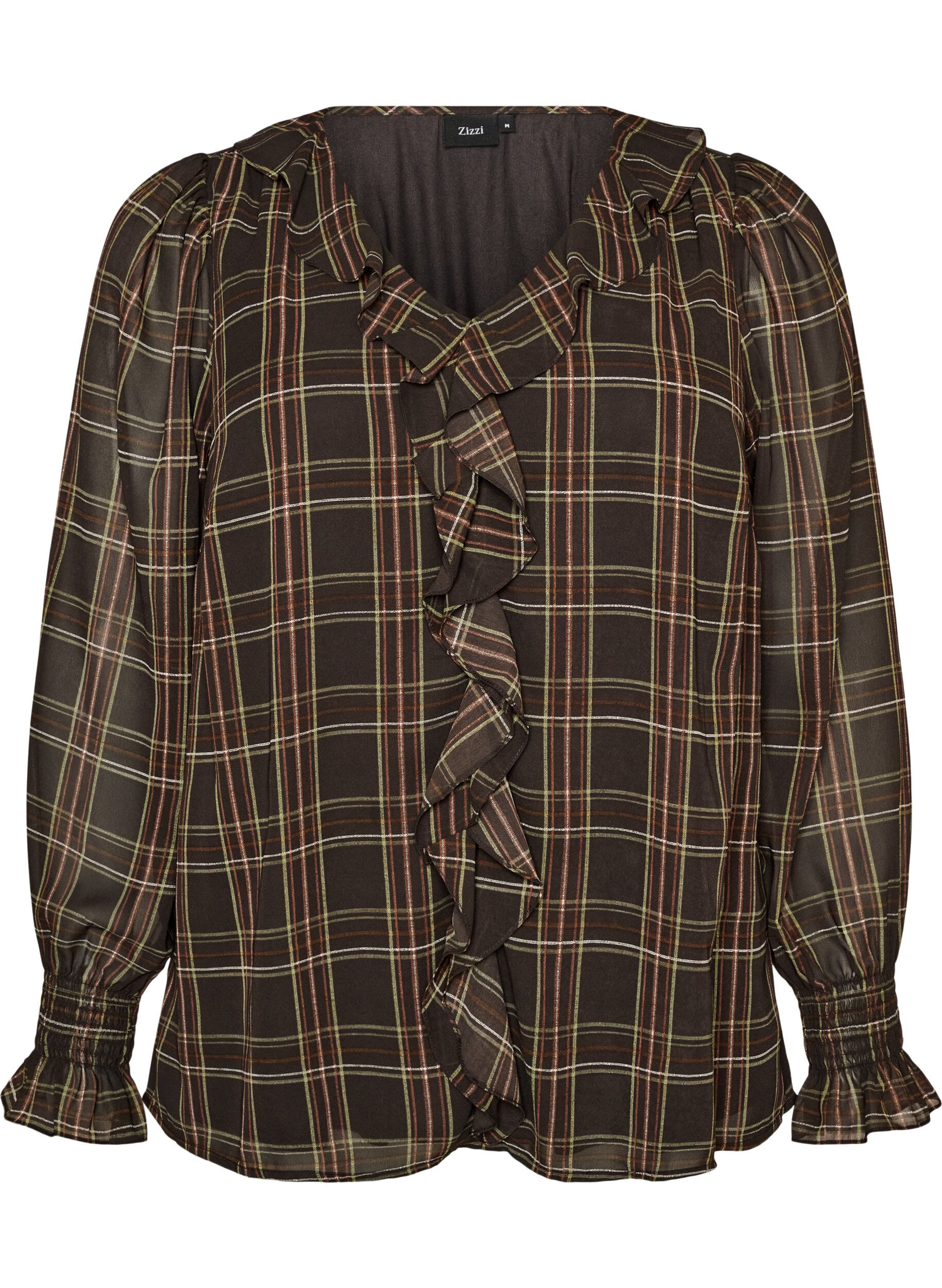 ZizziBluse med tern og fl&aelig;sedetaljer, Gr&oslash;n, Packshot image number 0