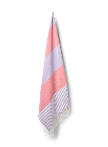 Stribet hammam håndklæde med frynser, Pastel Lilac Comb, Packshot image number 0