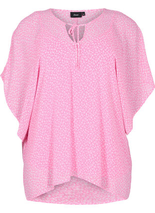 Printet bluse med bindesnøre og korte ærmer, Pink Ditzy Flower, Packshot image number 0