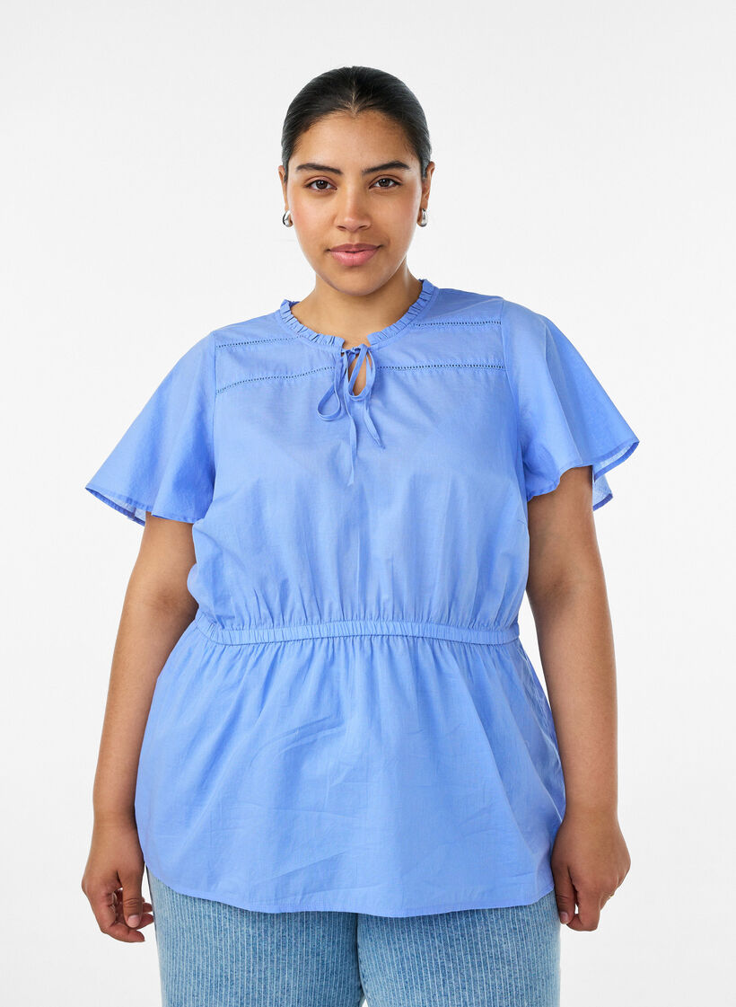 Bluse i bomuld med bindeb&aring;nd og elastisk talje, Bl&aring;, Model image number 0