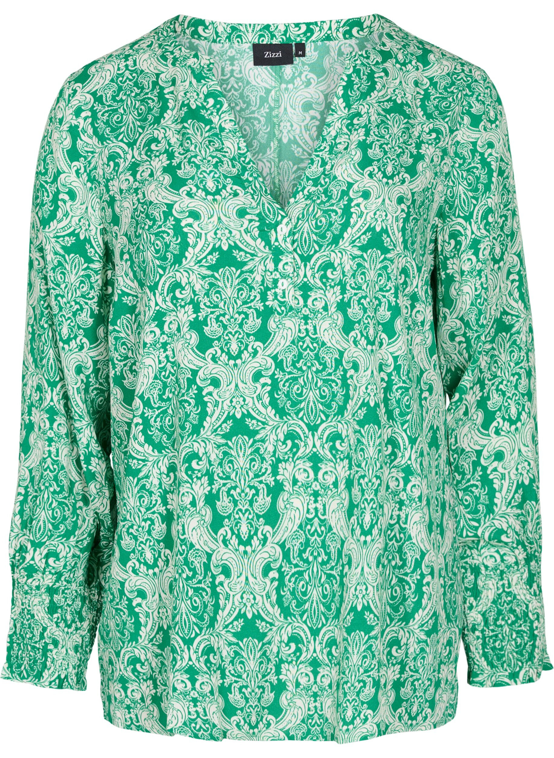 Zizzi Printet viskosebluse med smock, Jolly Green Oriental, Packshot image number 0