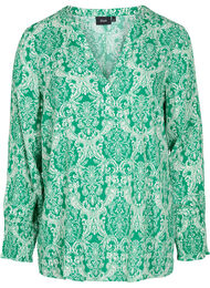 Printet viskosebluse med smock, Jolly Green Oriental