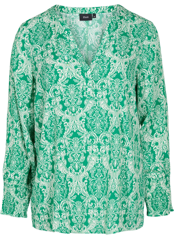 Printet viskosebluse med smock, Jolly Green Oriental, Packshot image number 0
