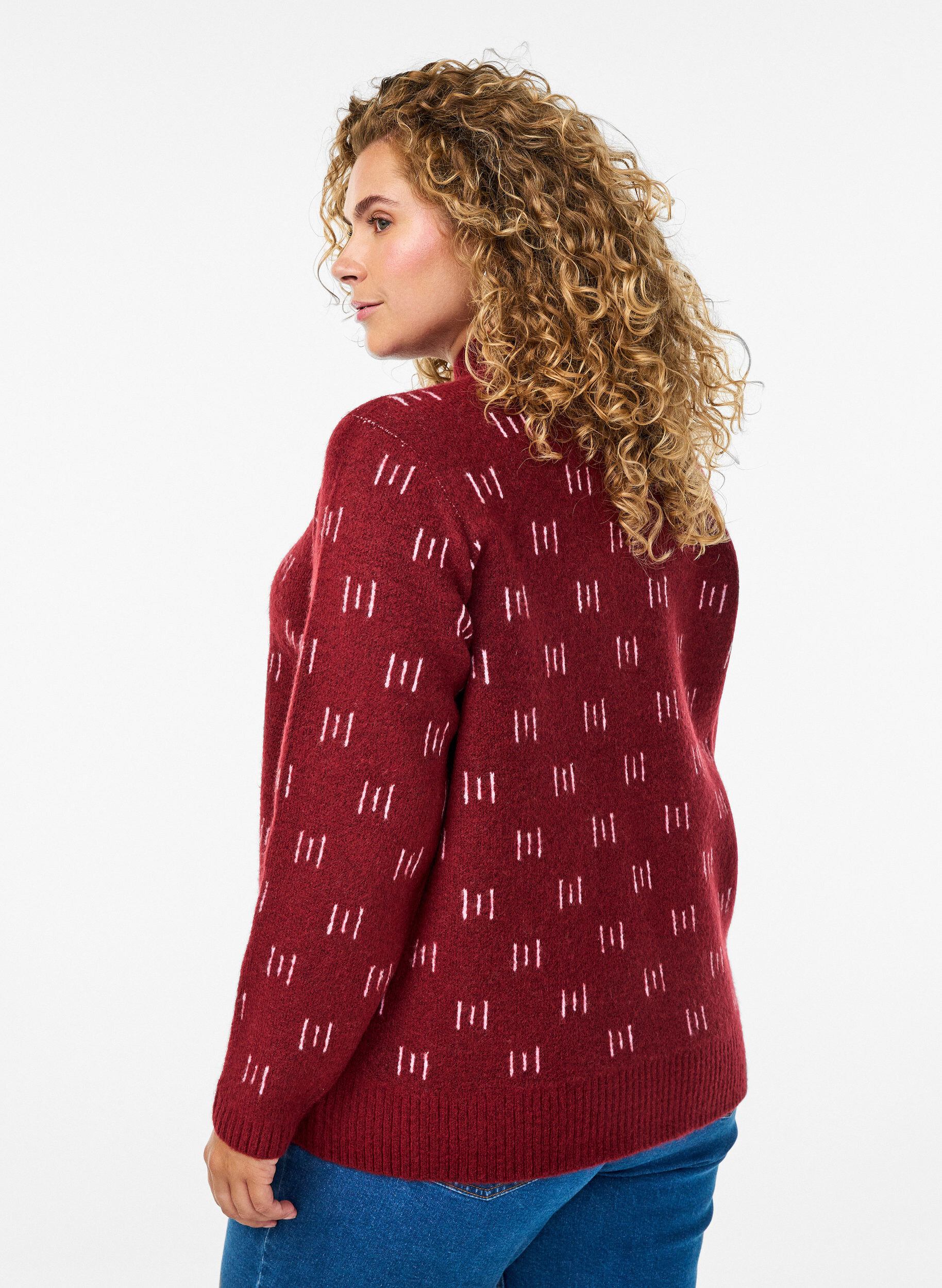 Zizzi Strikbluse med m&oslash;nster og h&oslash;j hals, M&oslash;rk Bordeaux, Model image number 2