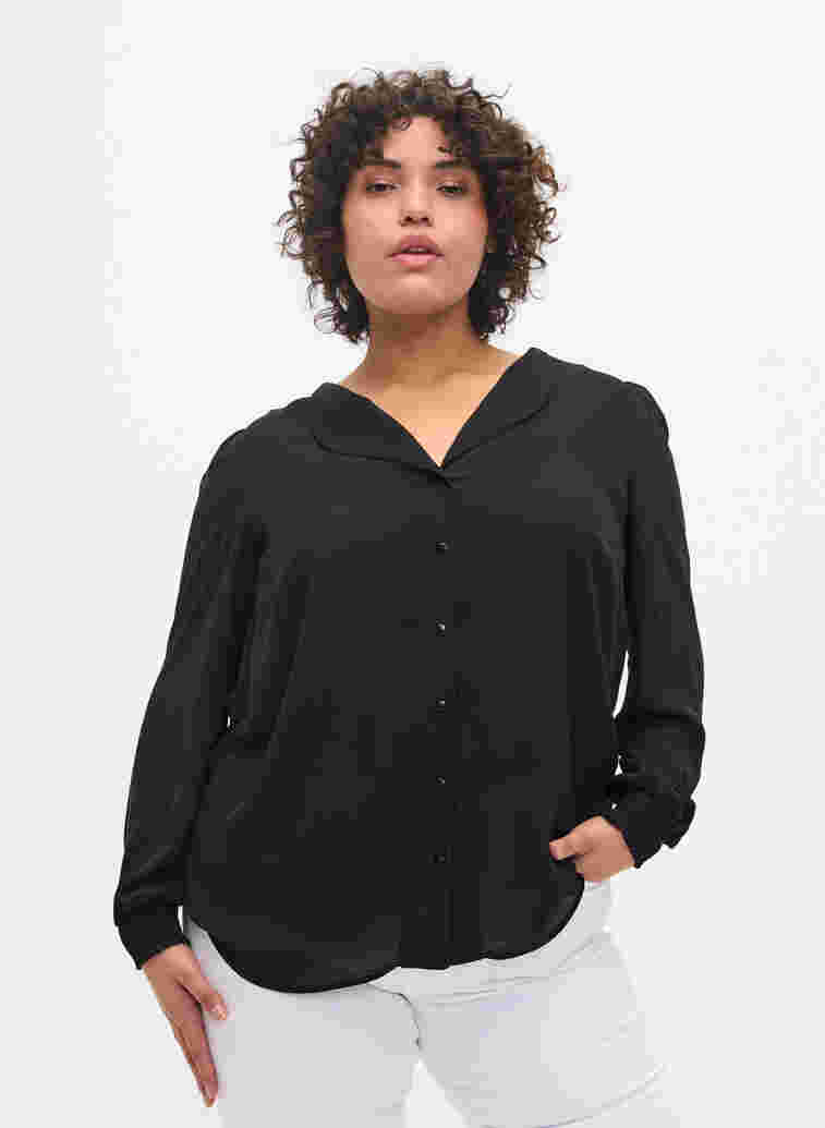 Skjorte med v-udskæring og smock, Black, Model image number 0