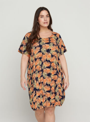 Kortærmet viskose kjole med print, Orange Leaf, Model image number 0