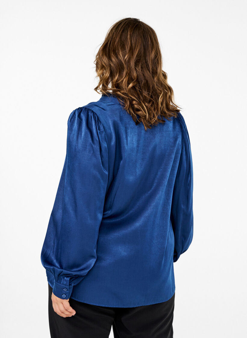 Langærmet bluse med flæser og v-hals, Estate Blue, Model image number 1