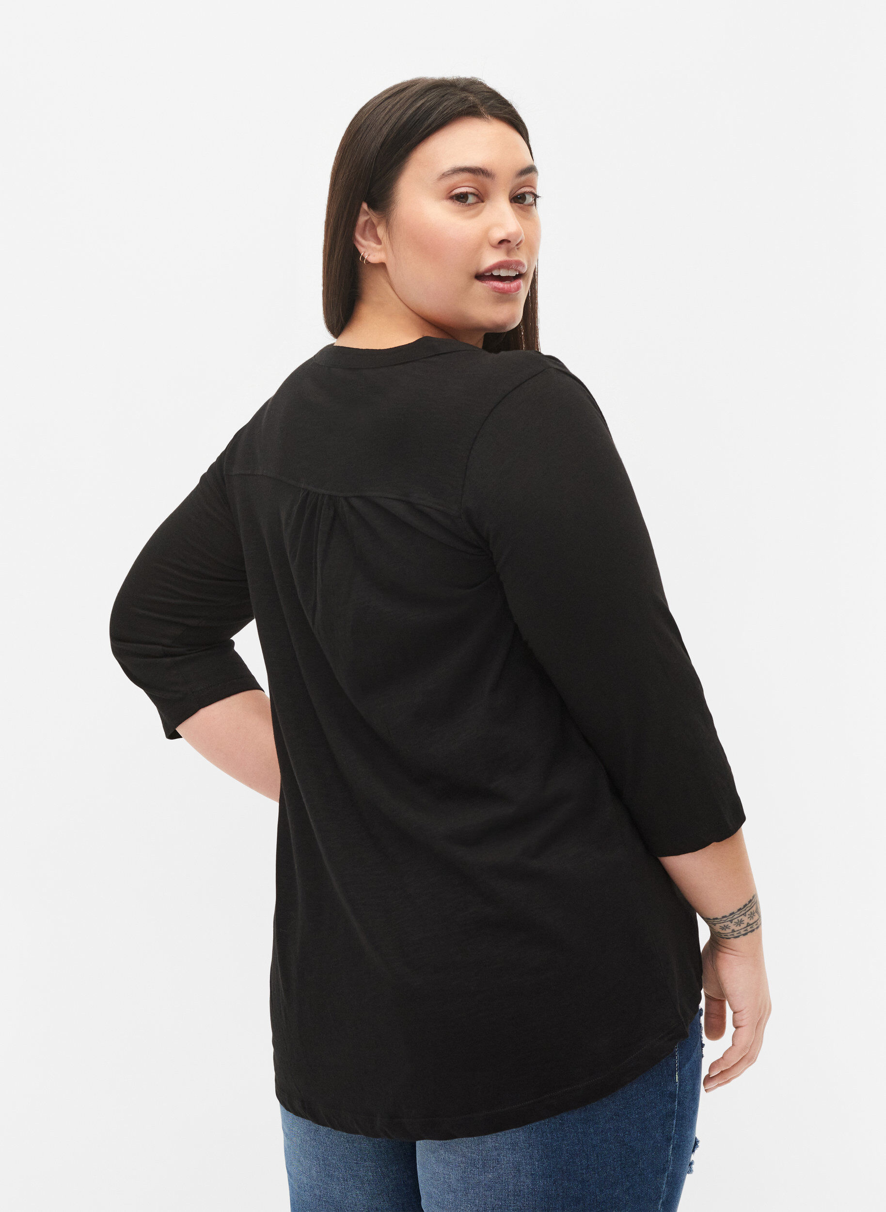Zizzi Bomuldsbluse med 3/4 &aelig;rmer, Black, Model image number 1