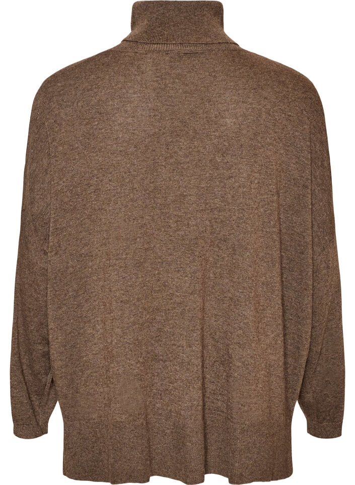 Strikbluse med rullekrave og l&oslash;s pasform, Brun, Packshot image number 1