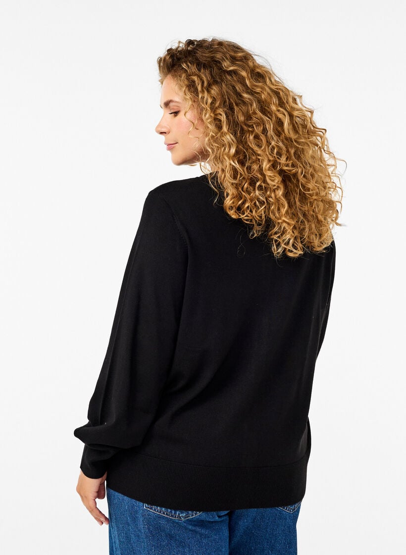 Strikcardigan med rund hals og knapper, Sort, Model image number 2