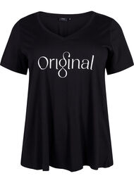 Bomulds t-shirt med teksttryk og v-hals, Black ORI
