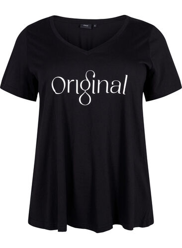 Bomulds t-shirt med teksttryk og v-hals, Black ORI, Packshot image number 0