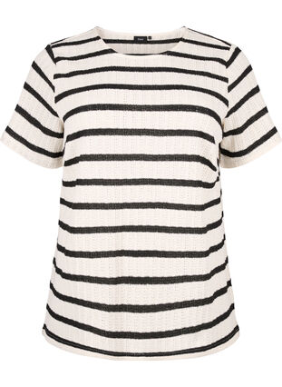 Bluse med korte ærmer og kontrasfarvede striber, Sand Black Stripe, Packshot image number 0