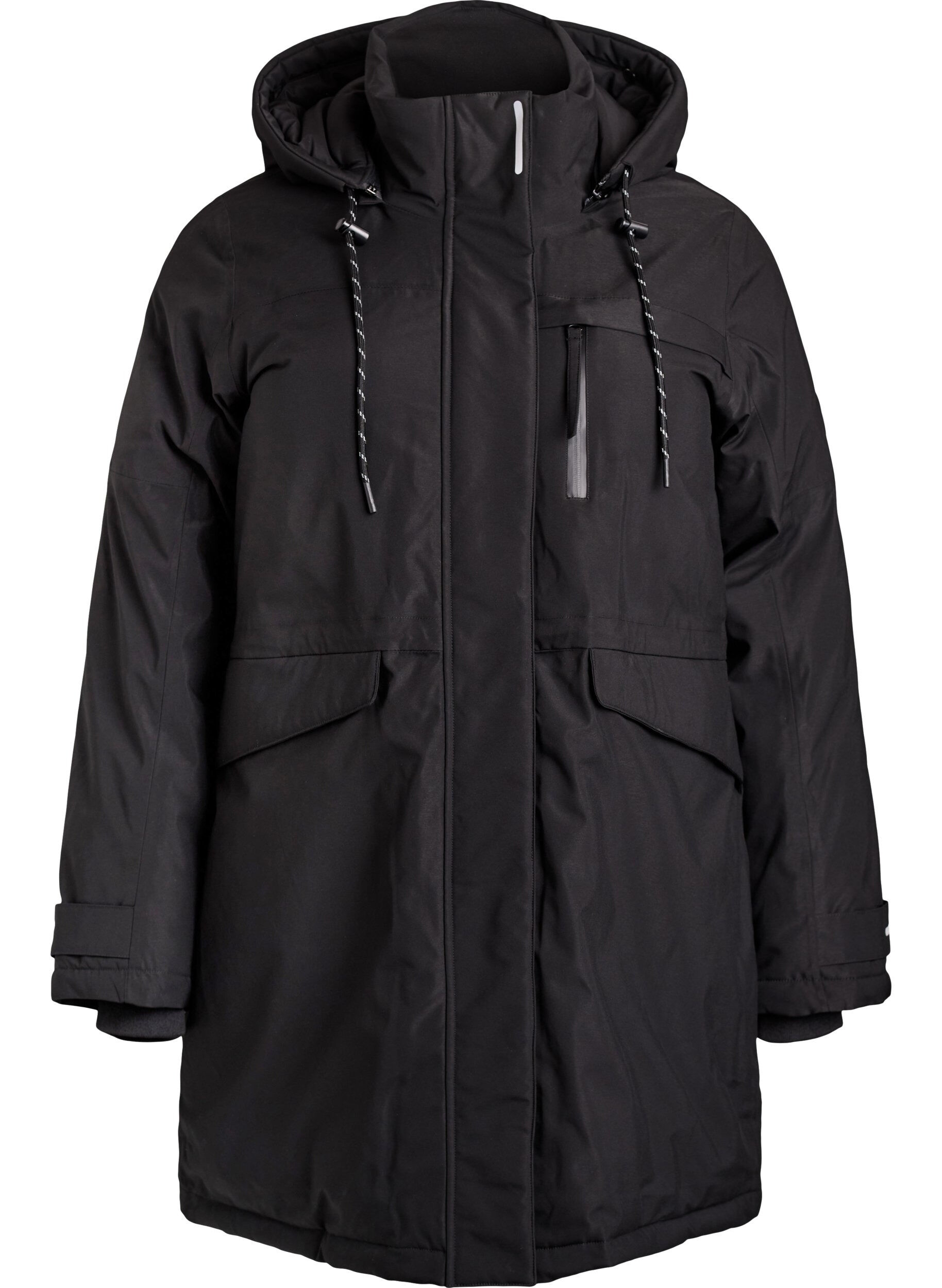 Vandafvisende parka med h&aelig;tte og funktionelle detaljer