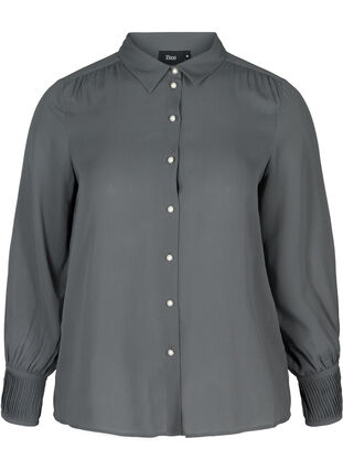 Skjorte med plissé og perleknapper, Asphalt, Packshot image number 0