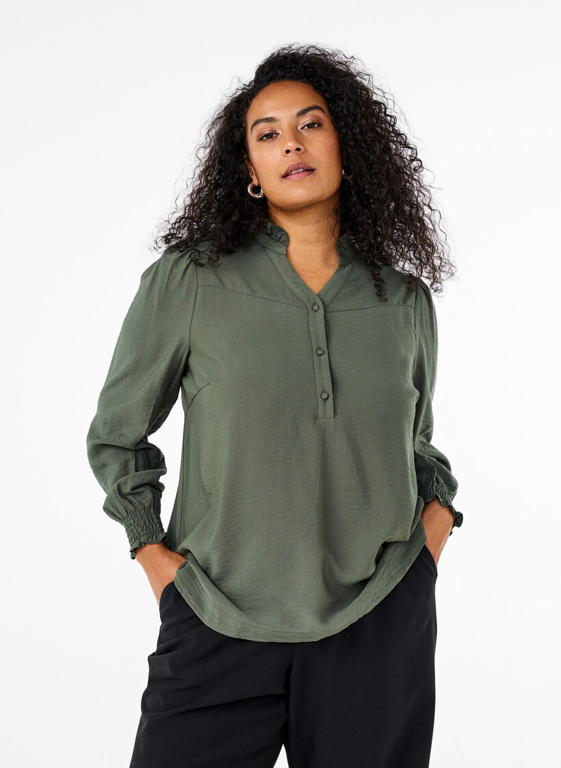 Bluse med flæsekrave, Grøn, Model image number 0
