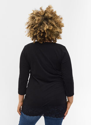 Bomulds bluse med blonder og 3/4 ærmer, Black, Model image number 1