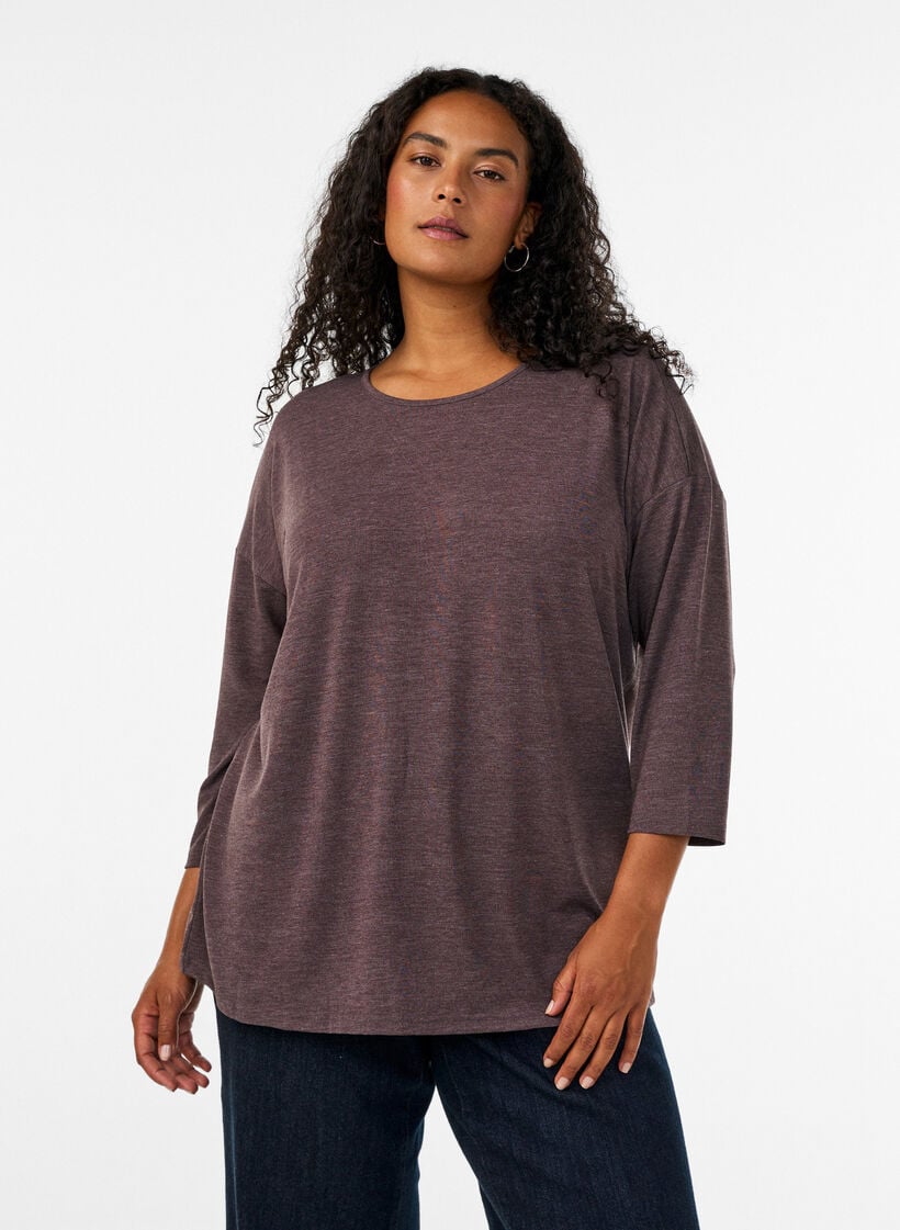 Jerseybluse med 3/4 &aelig;rmer, Brun, Model image number 0