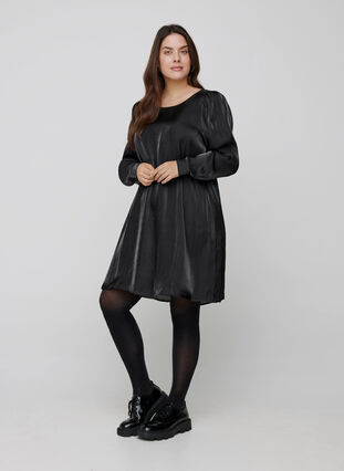 Kjole med shine og lange pufærmer, Black, Model image number 3