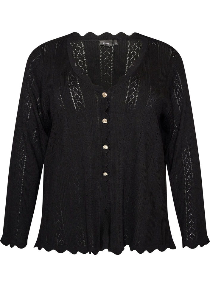 Cardigan med hulm&oslash;nster og b&oslash;lgede kanter, Sort, Packshot image number 0