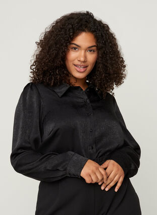 Skjorte med struktur og lange pufærmer, Black, Model image number 0