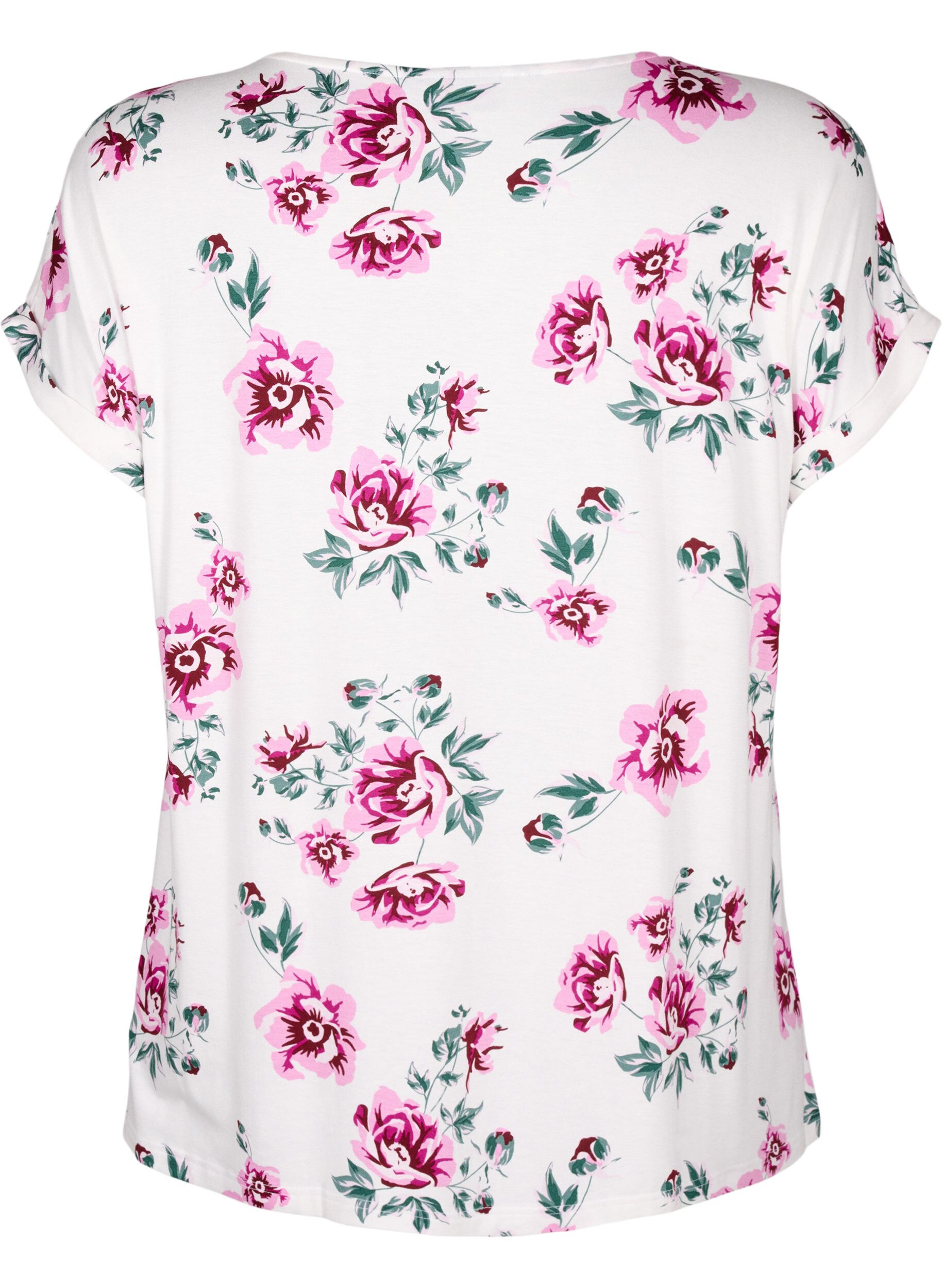 Zizzi Blomstret viskosebluse med korte &aelig;rmer, White Pink AOP, Packshot image number 1